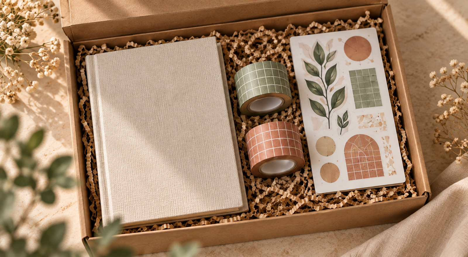 Concept image of a cream journal, washi tape and botanical stickers arranged in a kraft box