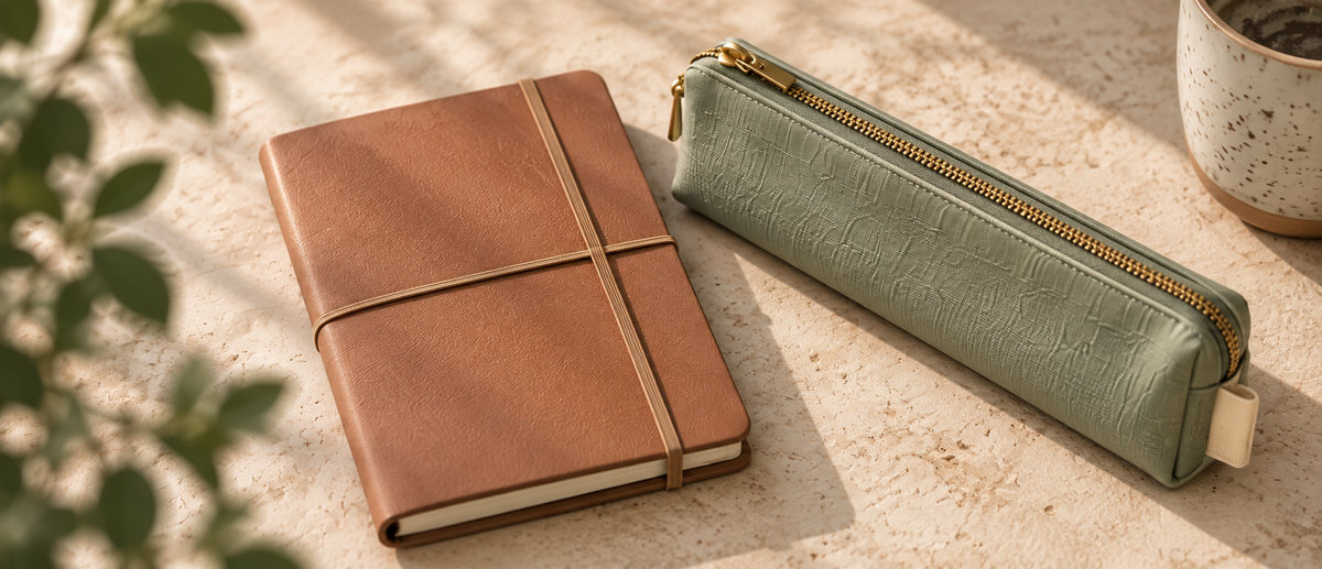 Concept image of a travel notebook beside a sage stationery pouch