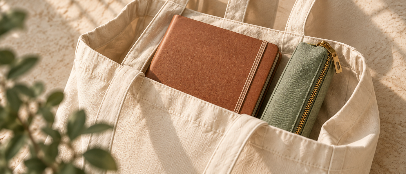 Concept image of a cream tote carrying journals and a sage pouch